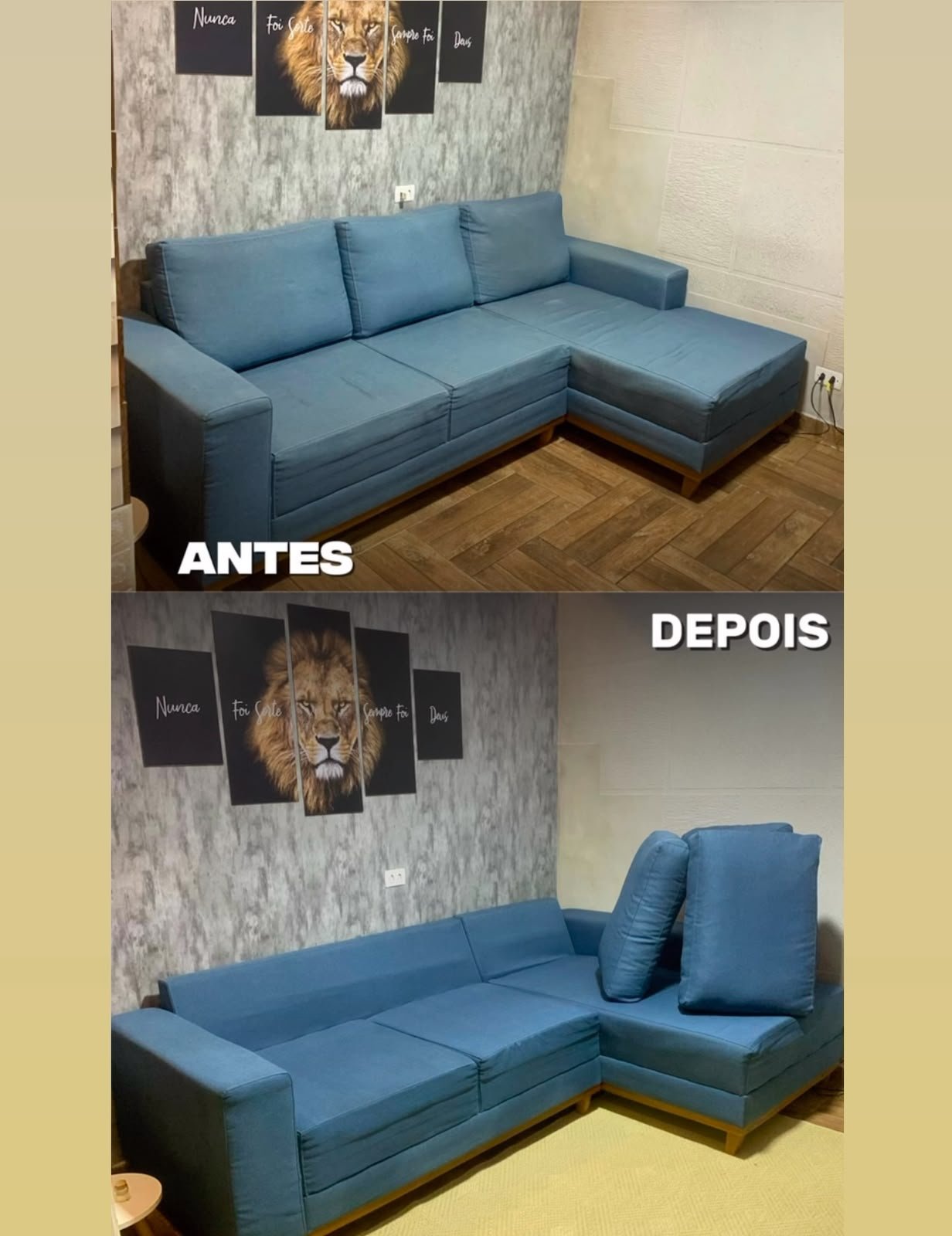 Sofá azul atendido pela DM Clean, antes e depois da higienização